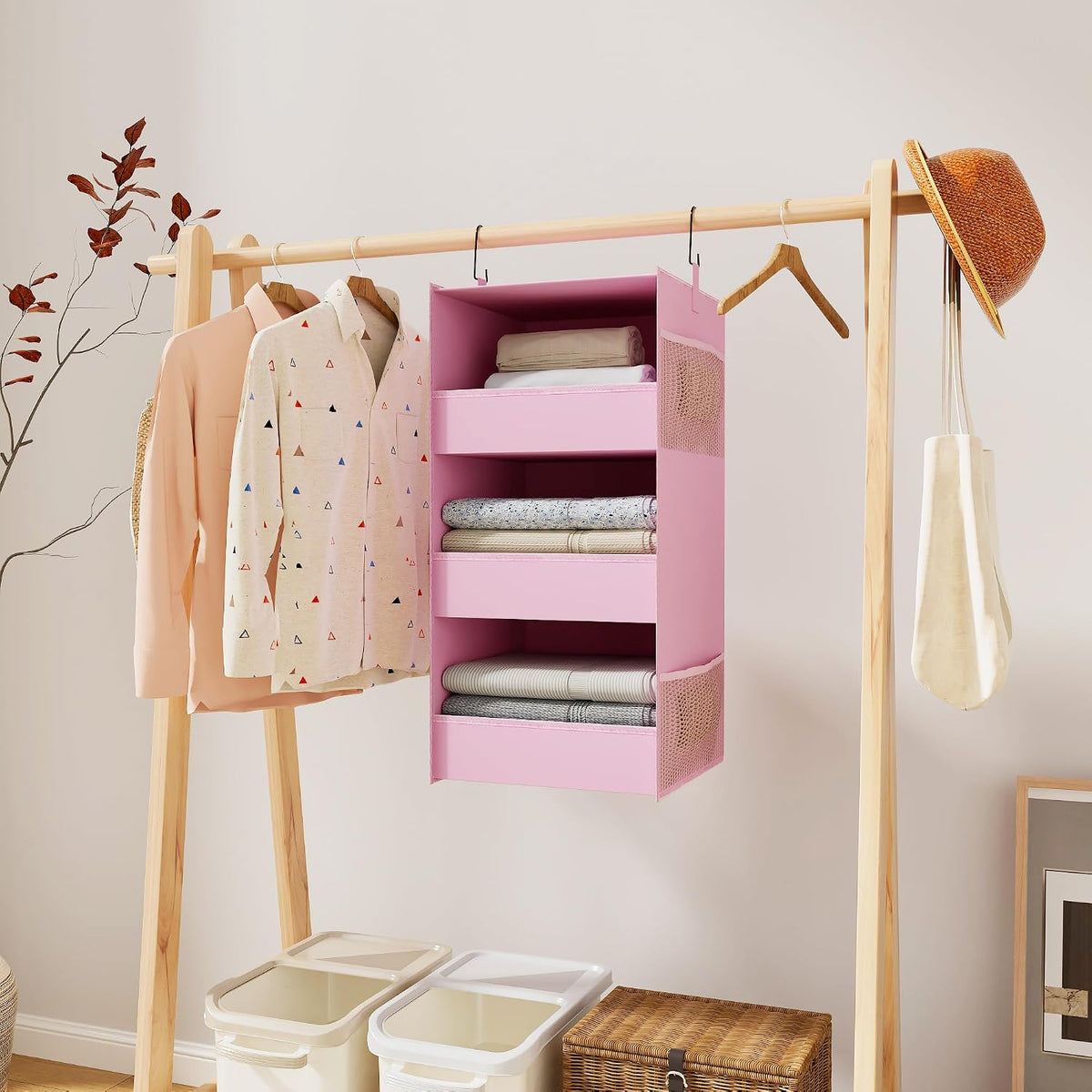 3-Shelf Hanging Closet Organizer, Washable Foldable Storage Shelves, Pink