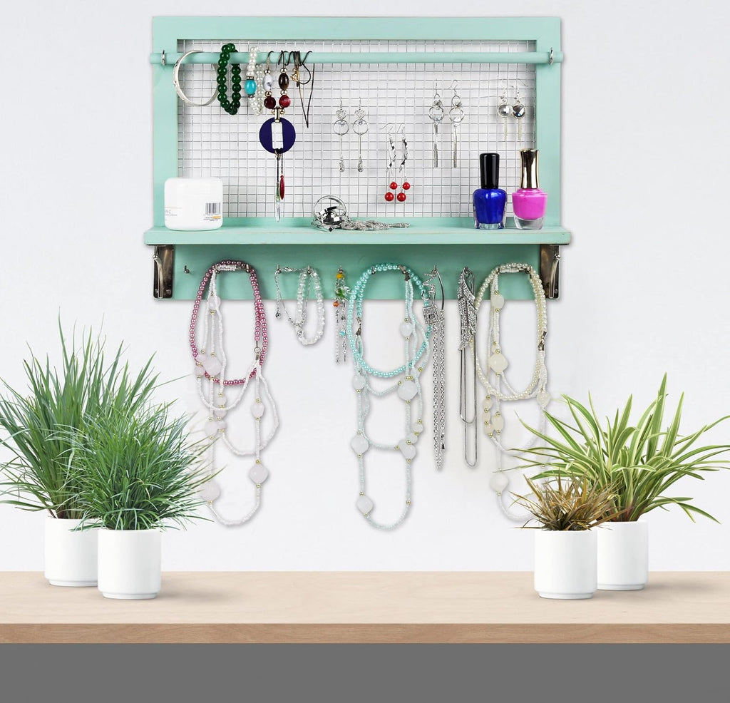 Jewelry Organizer, Wall Mount Jewelry Holder Rack with Hooks Shelf and Removable Rod Hanging Display Earrings Necklaces Bracelets Rings Storage Accessories Wood in Shabby Chic Turquoise