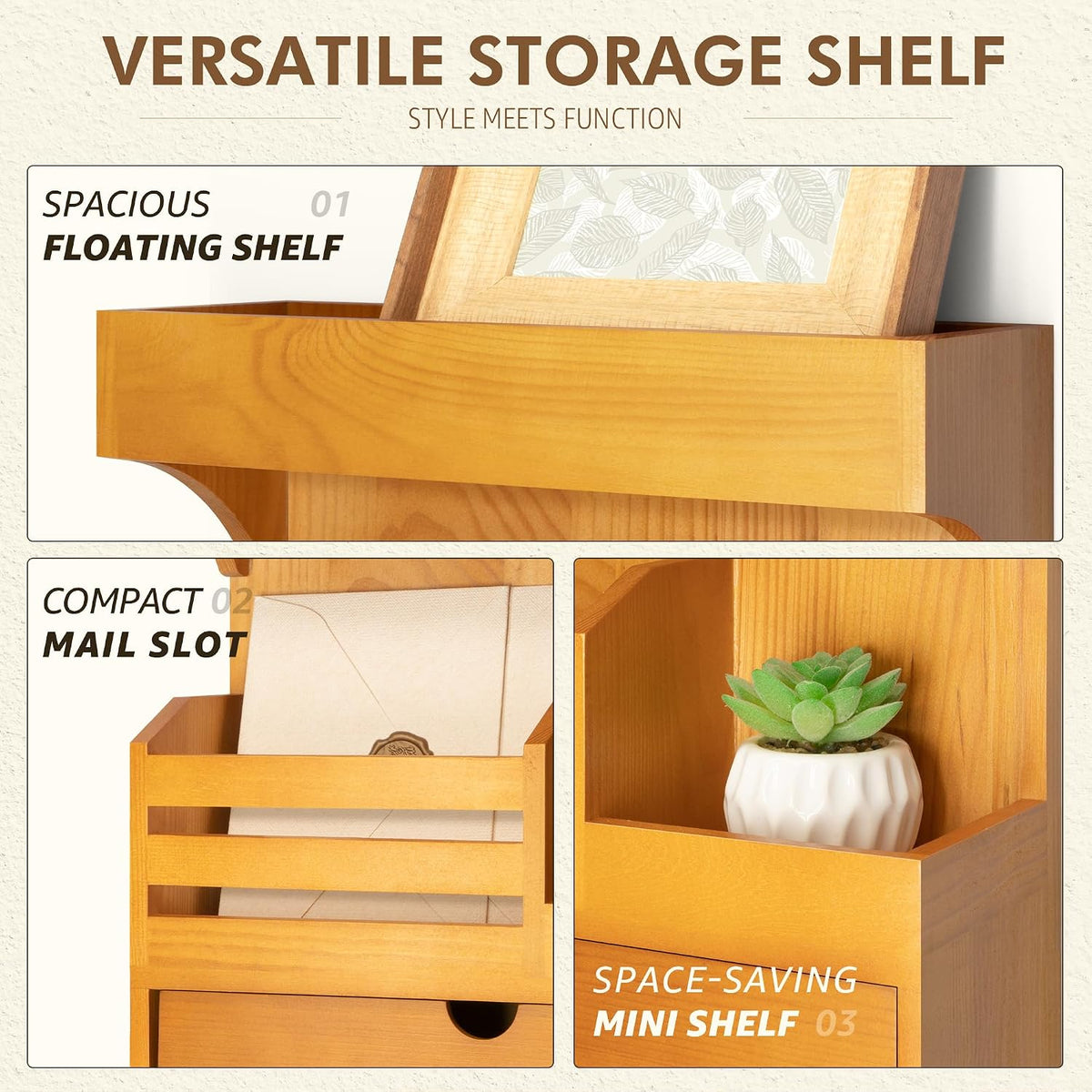 Rebee Vision Key Holder Wall Mount with Drawer for Home Decor, Light Brown
