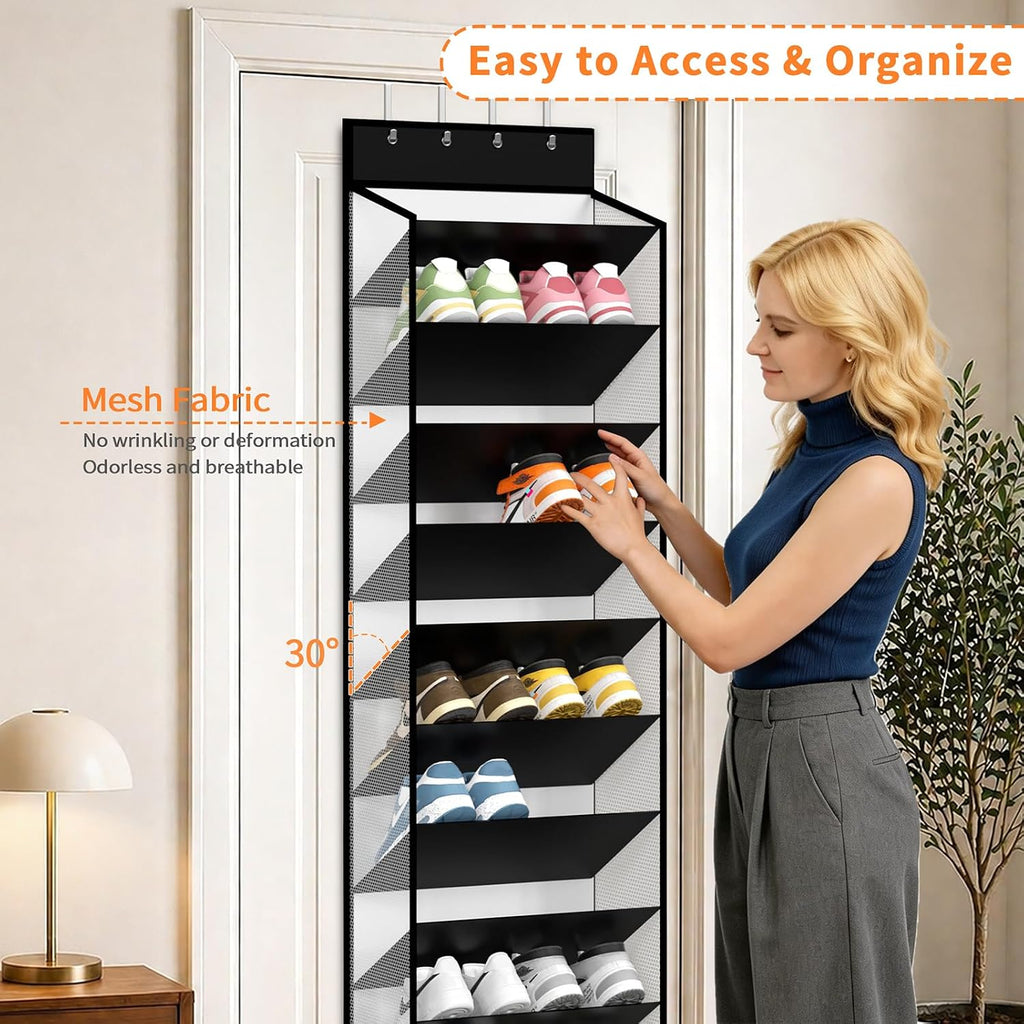 KEEPJOY 10-Tier Over Door Mesh Shoe Organizer with Large Deep Pockets, Hanging Door Shoe Storage Rack That Holds 20–30 Pairs of Sneakers, Boots and Other Footwear (Piano White)