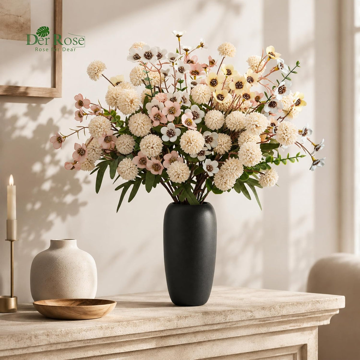 Der Rose Fake Flowers in Vase 20Pcs Champagne Mums for Spring Home Decor