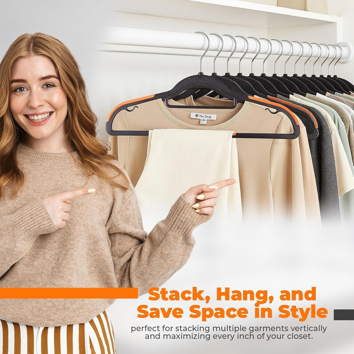 Plastic Hangers 50 Pack, Cascading Slim Space Saving Clothing Hangers with 360° Rotating Hook, Non Slip Clothes Hangers for Sweater Shirt, Heavy Duty Coat Hanger with Inner Hook for Closet, Black