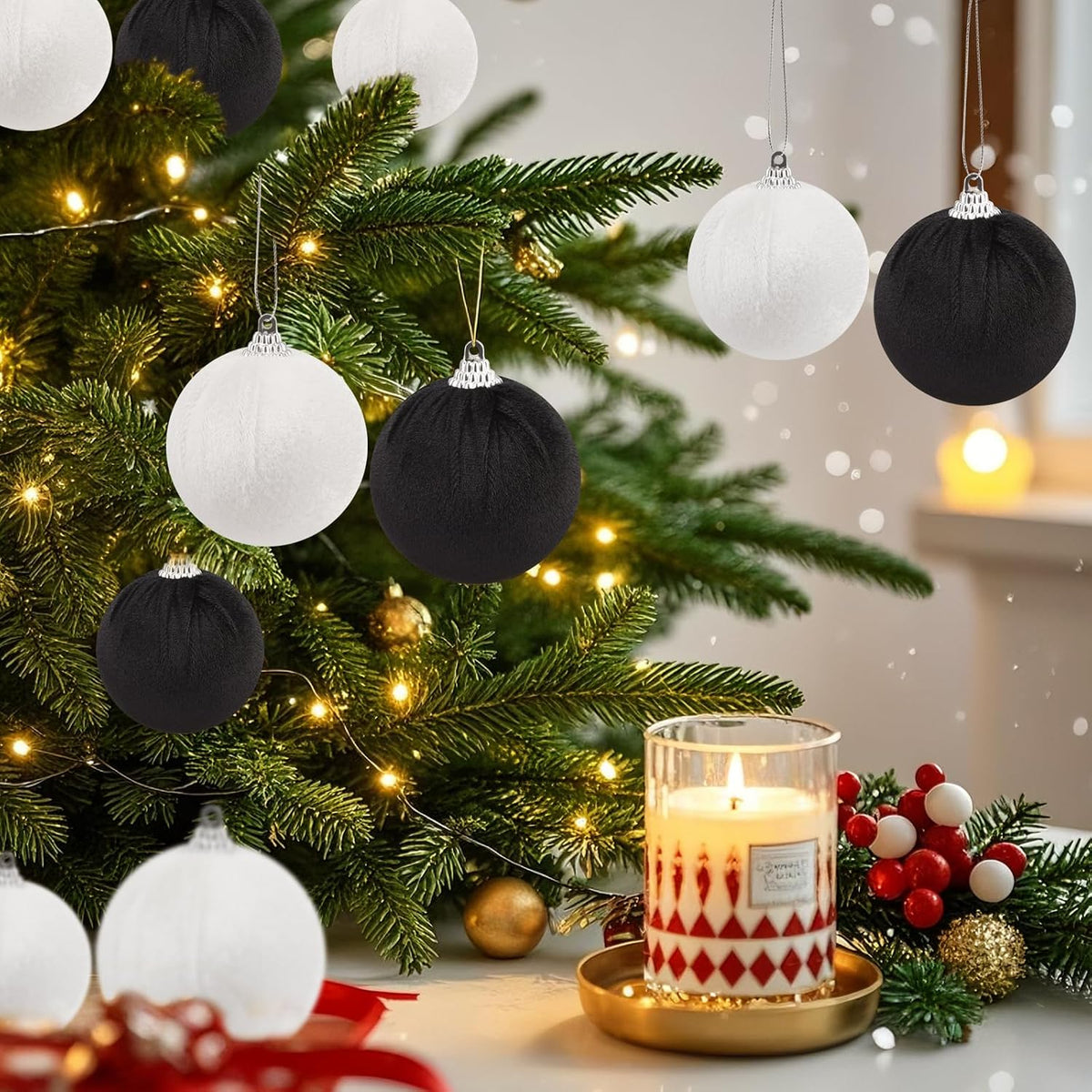 Woration 15pcs 2.36inch Velvet Christmas Ornaments Balls Set Xmas Tree Hanging Decoration Shatterproof Balls for Home Party Holiday (White, Black)
