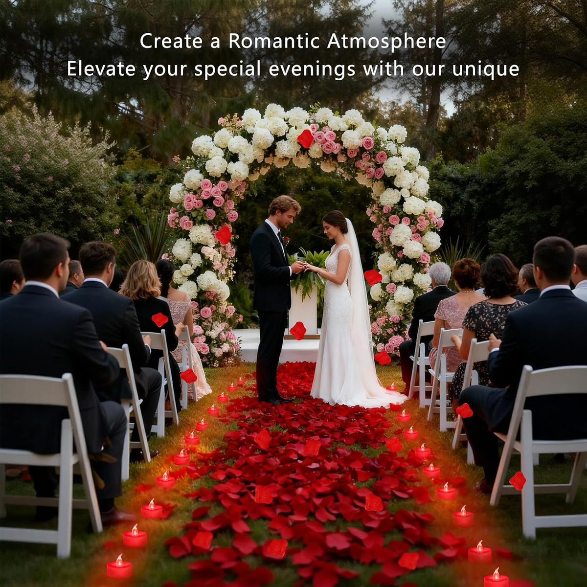 500 Pcs Red Rose Petals with 12 Red LED Tea Lights Candles Set, Artificial Rose Petals and Flameless Candles Set for Anniversary, Valentine's Day, Wedding Christmas Decor