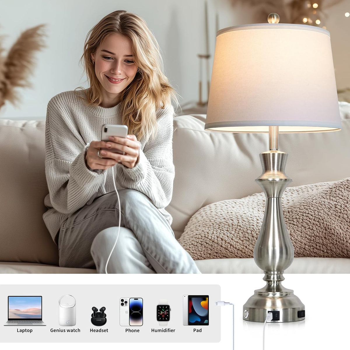 Modern Silver Table Lamp for Living Room,30" Tall Bedside Lamp with USB Charging Port,3-Way Dimmable Touch Nightstand Lamp for Bedroom Desk Side Table Office,Silver-1P