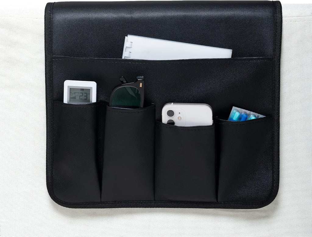 PU Leather Sofa Armrest Organizer, Armchair Magazine Holders, Waterproof Remote Holder for Recliner Couch with 1 Large Pocket, 4 Small Pockets for Magazine, Remote, Phone, Ipad, Books (Black)