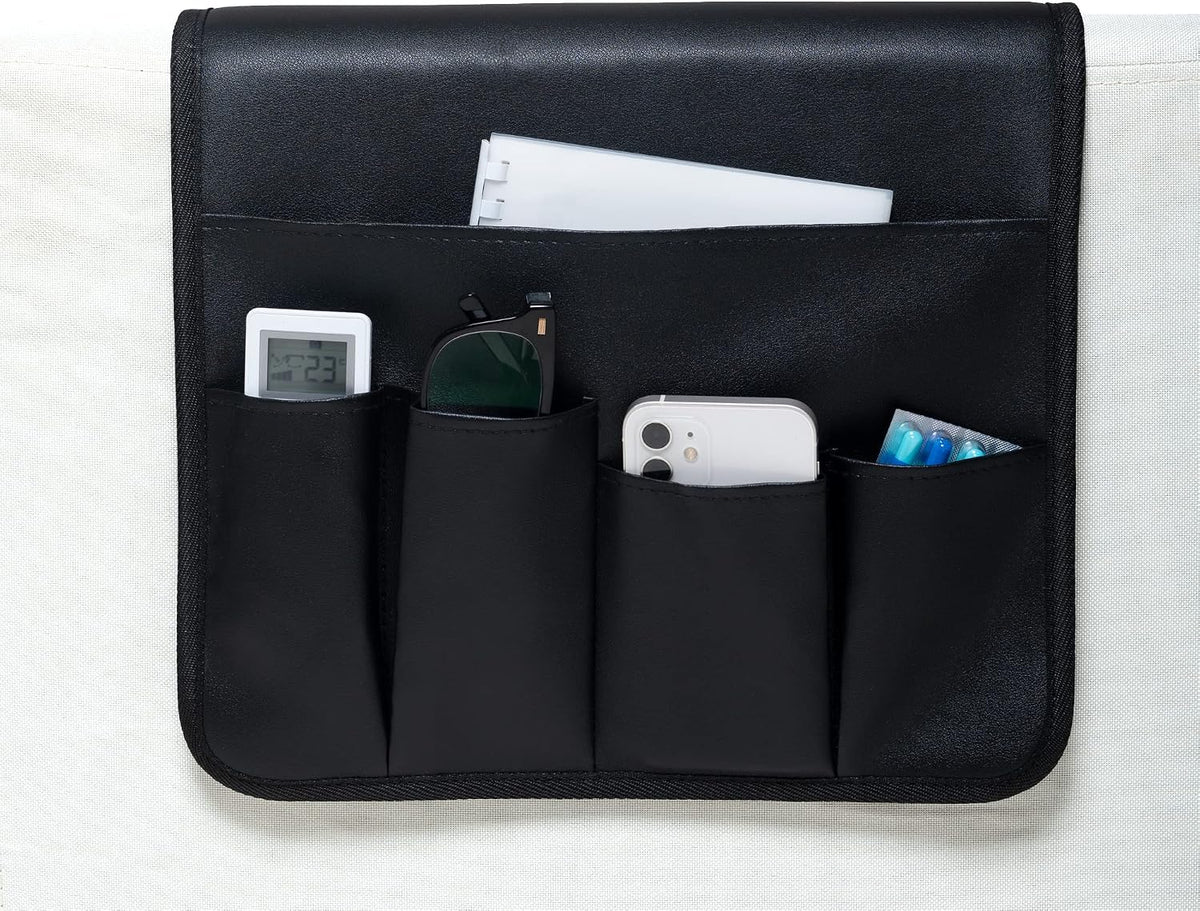 PU Leather Sofa Armrest Organizer, Armchair Magazine Holders, Waterproof Remote Holder for Recliner Couch with 1 Large Pocket, 4 Small Pockets for Magazine, Remote, Phone, Ipad, Books (Black)