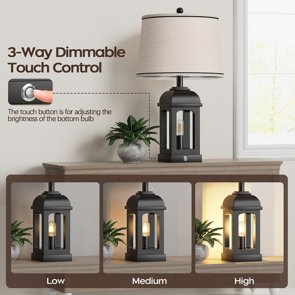 Table Lamp for Bedroom Living Room, Farmhouse Lamps with Nightlight, Black