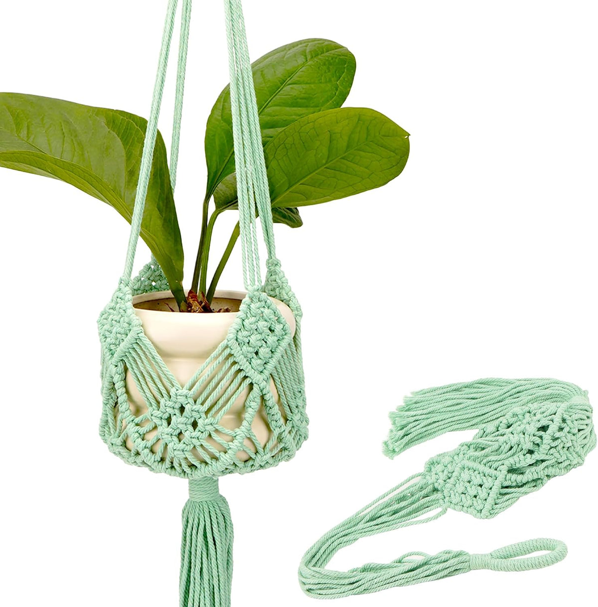 2 Pack Macrame Plant Hangers, 33-Inch Cotton Rope Hanging Planters with Diamond Design, Boho Home Decor for Indoor and Outdoor Use, Green