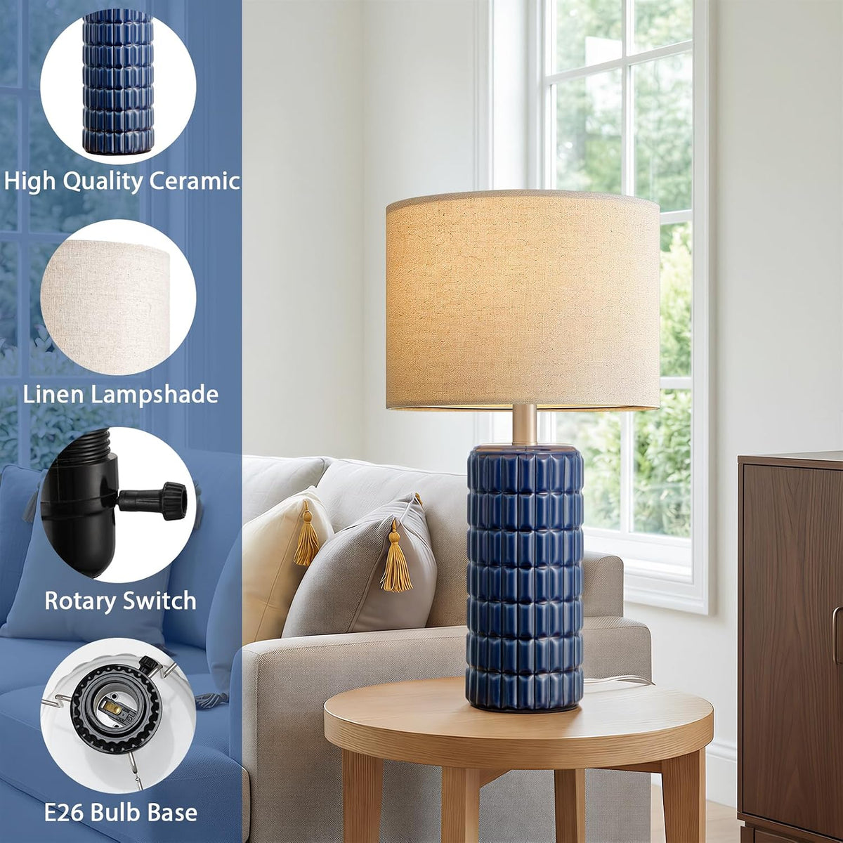 Seealle 23" Modern Ceramic Table Lamps Set of 2, Lamps for Bedroom, Blue