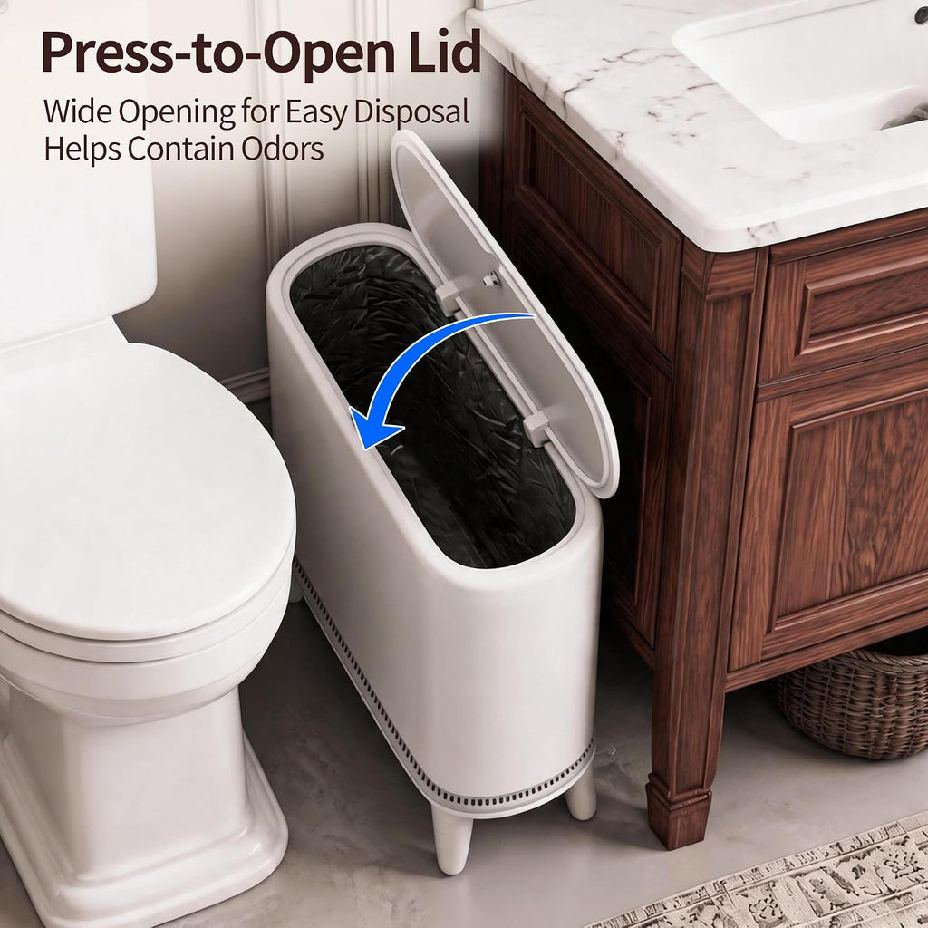 Slim Bathroom Trash Can with Lid, Narrow 3.3 Gallon Trash Can for Tight Spaces, Hidden Liner, Press-to-Open Lid, Patented Bag-Fit Design, Elevated Legs, White