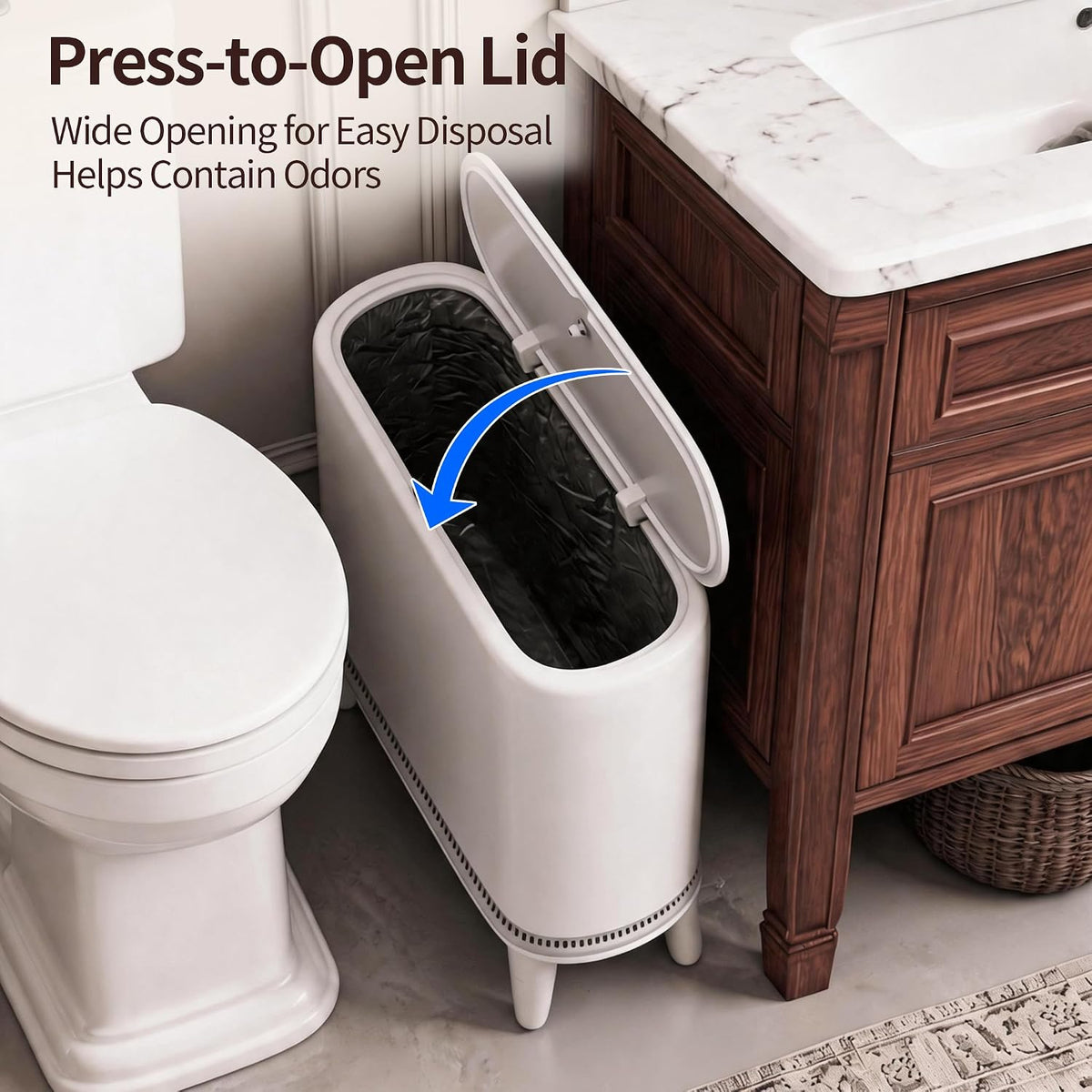 Slim Bathroom Trash Can with Lid, Narrow 3.3 Gallon Trash Can for Tight Spaces, Hidden Liner, Press-to-Open Lid, Patented Bag-Fit Design, Elevated Legs, White