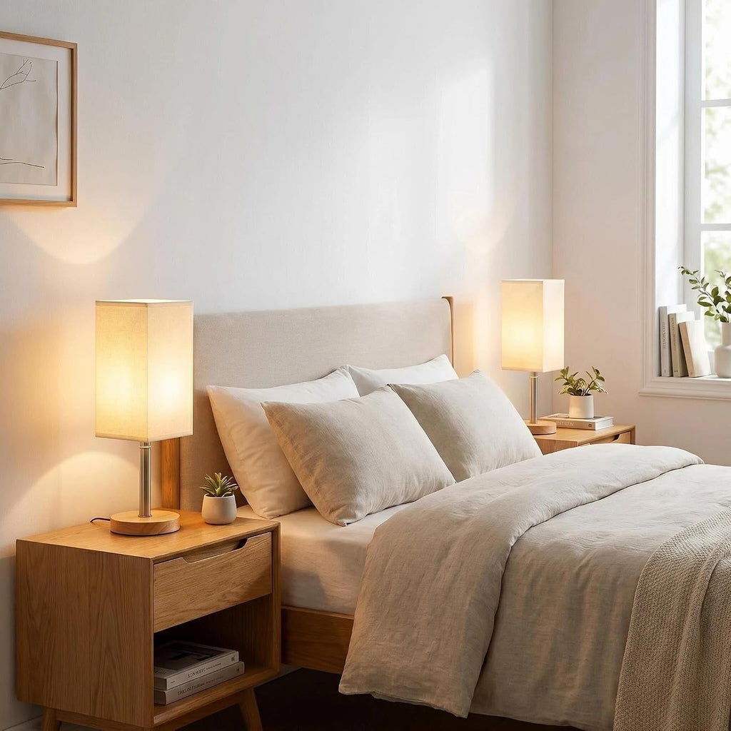 Small Table Lamp Set of 2, Bedside Lamp with 3000K Warm LED Bulb Included, Nightstand Lamp for Living Room Office Dorm Kids Room, Easy Assemble Minimalist Cream Shade & Wood Base(5W)