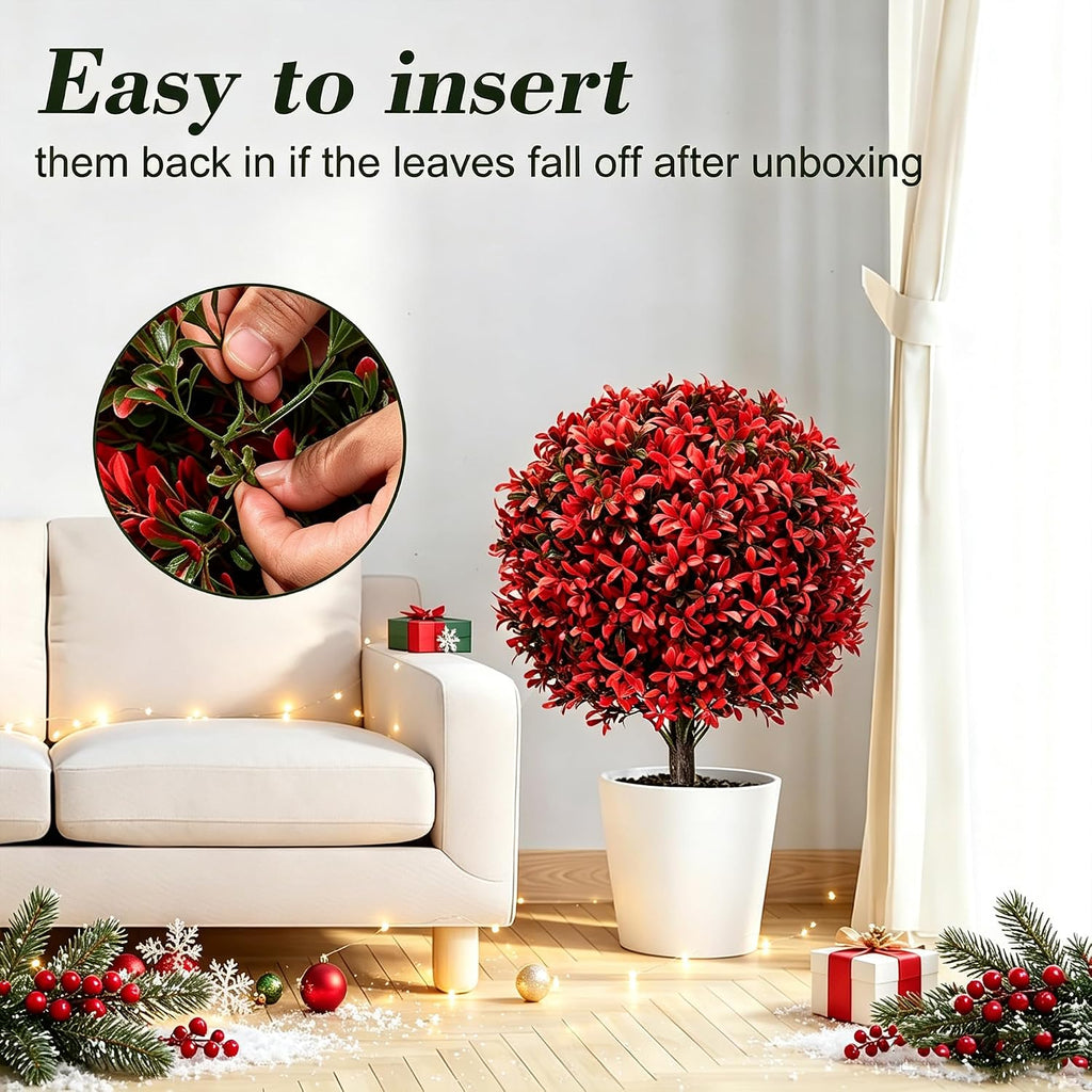 Chillchard 2Pack UV Resistant Red Artificial Boxwood Topiary Fake Plant