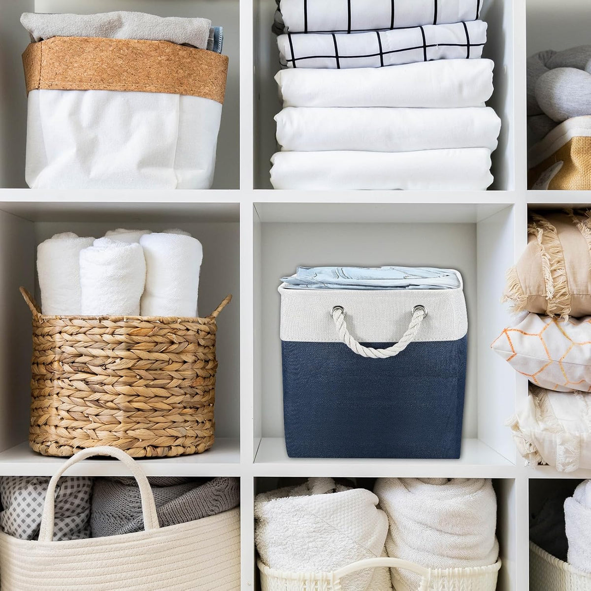 PATIKIL Fabric Storage Cube, 4 Pack 11 Inch Storage Bins Closet Organizers for Shelves with Handles Decorative Collapsible Baskets for Home Organization, Beige/Green