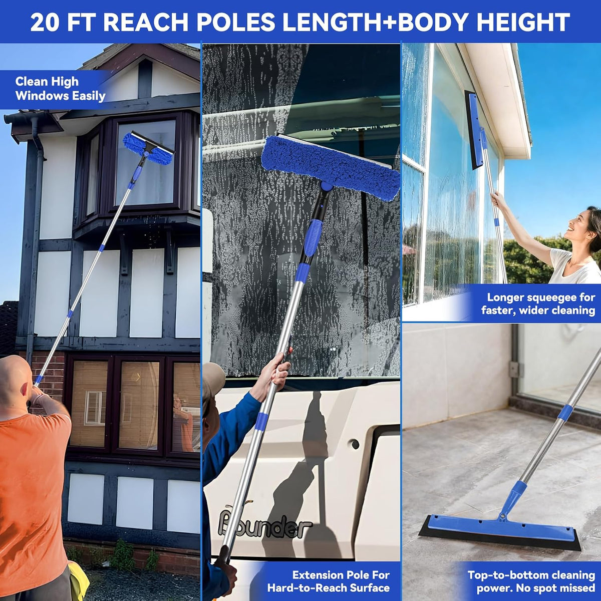 Window Washing Kit with Extension Pole: 3 in 1 Window Squeegee 20+ Ft Reach