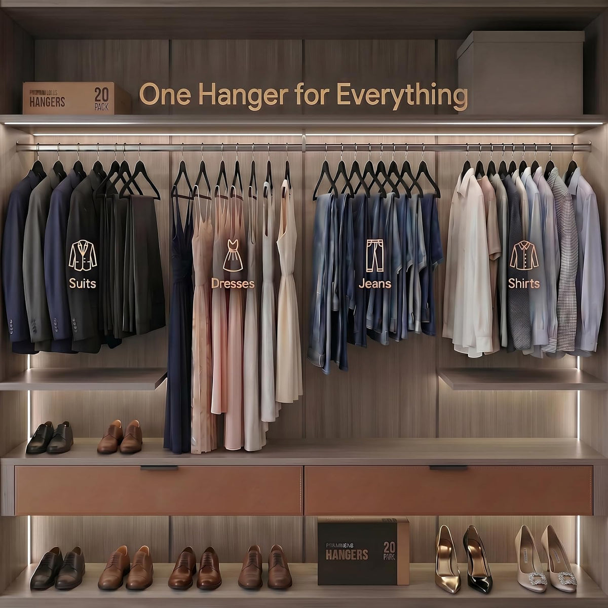 Wooden Hangers, 20 Pack, Non-Slip Velvet for Pants, Coats (Black)