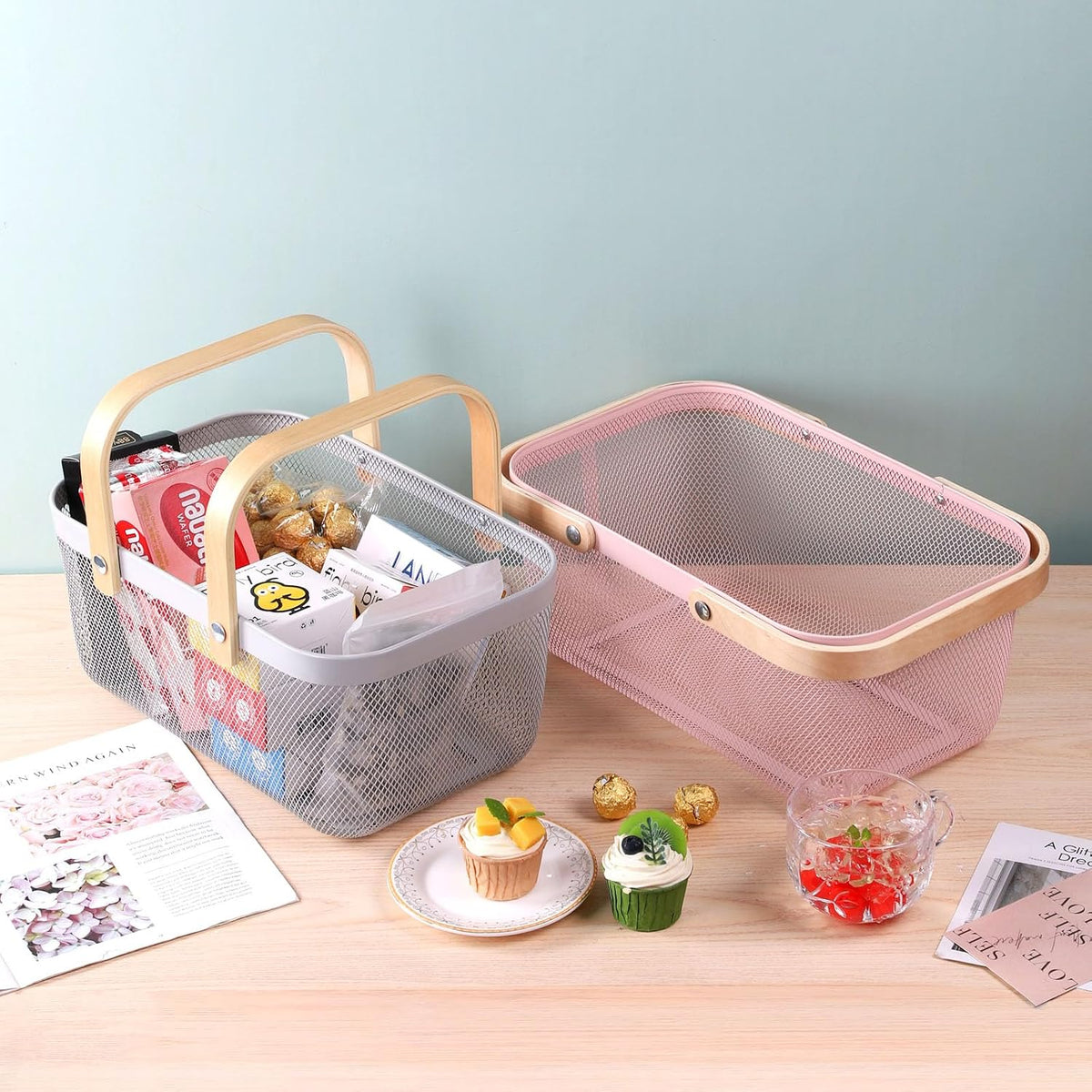 Coloful Metal Mesh Wire Basket with Foldable Wooden Handle,Bin Garden Fruit Vegetable Storage Hanging Harvest Holder for Kitchen Bathroom Picnic (Light Pink, Cuboid-15.7 x 9.5 x 7.2“)