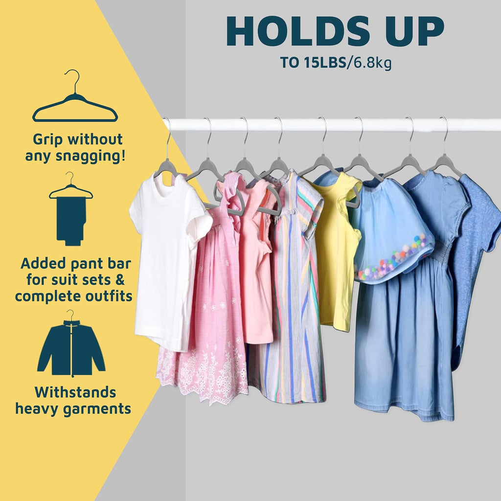 Gray Velvet Kids Hangers 50 Pack, 10.83" Non-Slip Baby & Toddler Hangers for Clothes, Space-Saving Slim ABS Plastic with 360° Swivel Hook & Notched Shoulders, Up to 10 lb Capacity