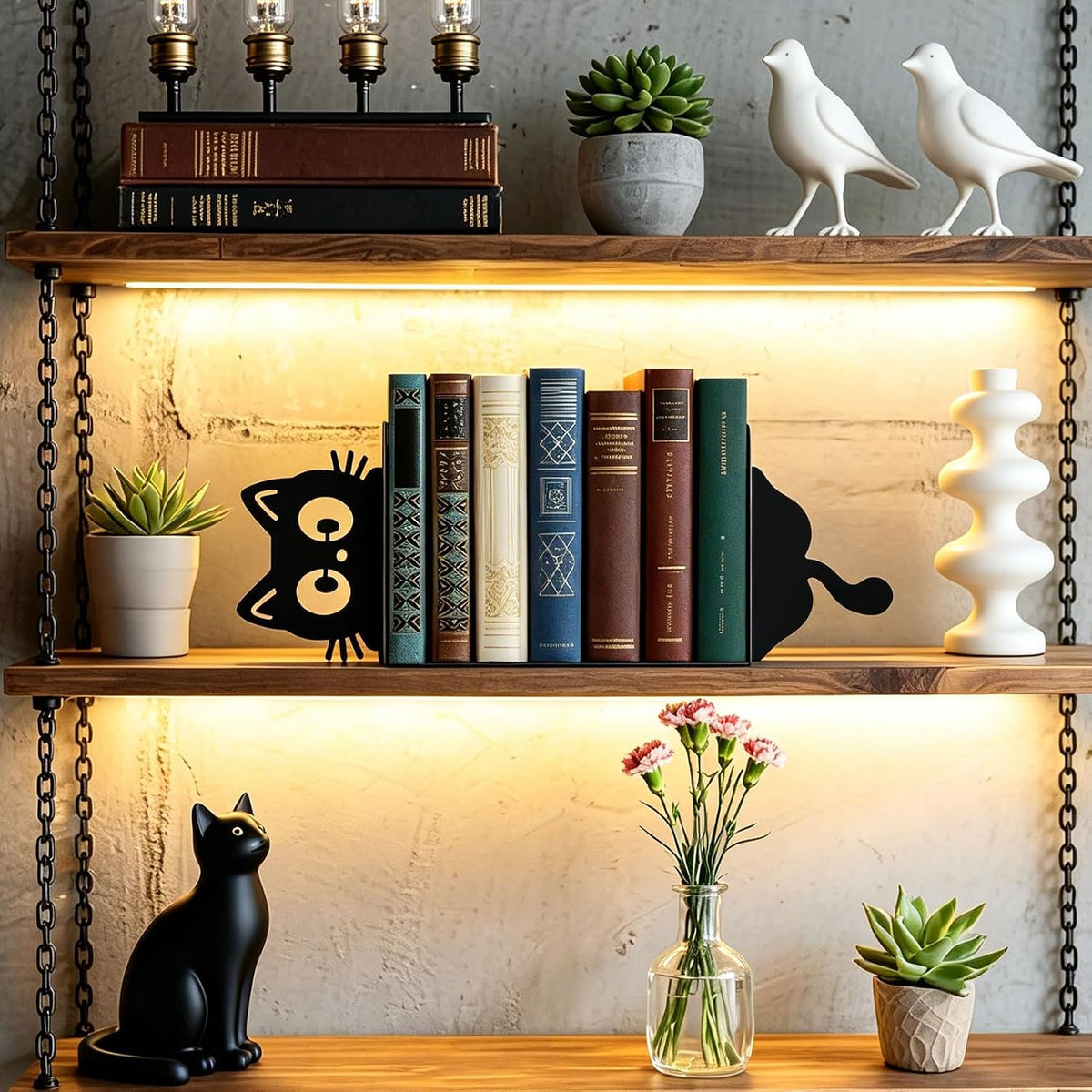 Cat Bookends Set of 2, Peeping Cat Bookends for Shelves Decorative
