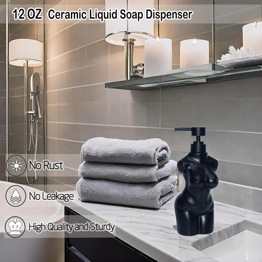 Ceramic Girl Soap Dispenser,Lotion and soap Dispenser Set Refillable Liquid Hand Soap Dispenser for Bathroom and Kitchen (Black)