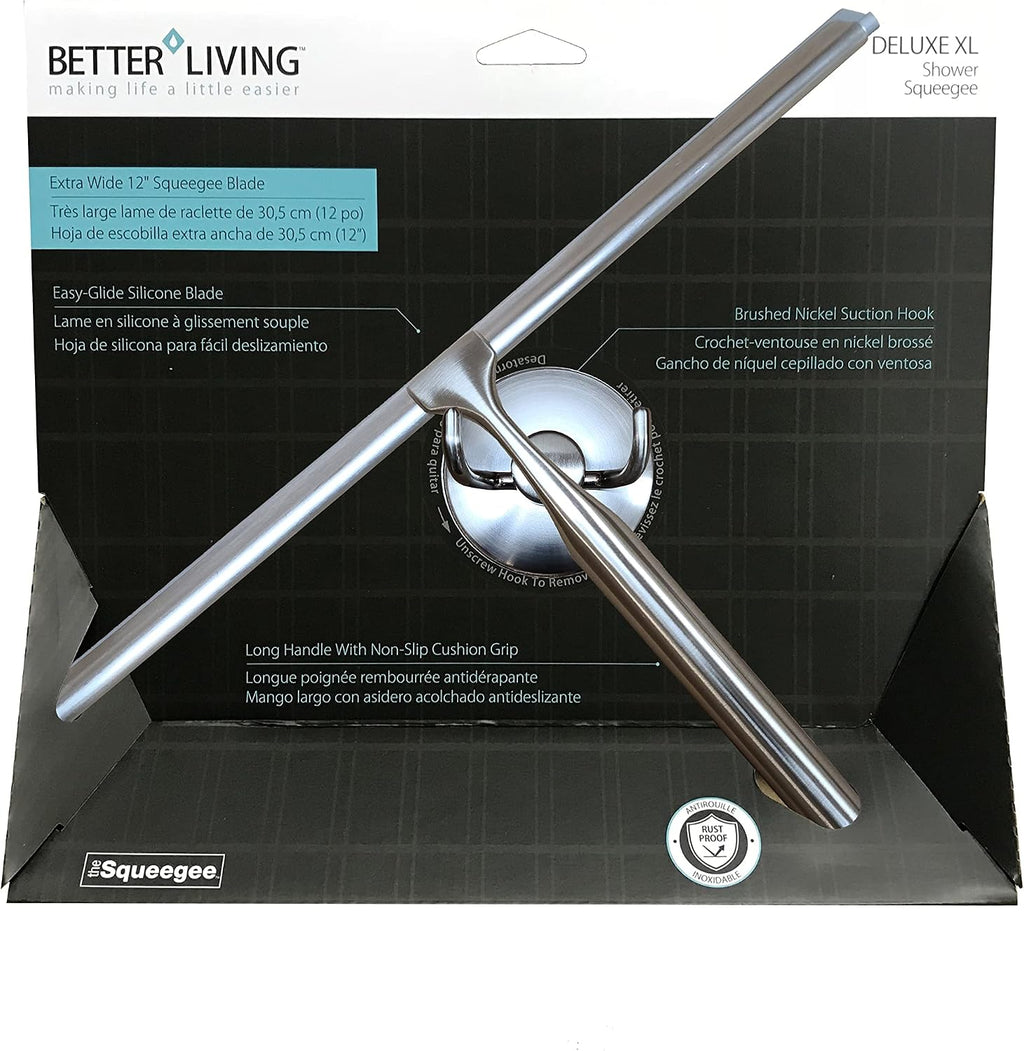 Better Living Deluxe XL Shower Squeegee, 12” Blade, Brushed Nickel