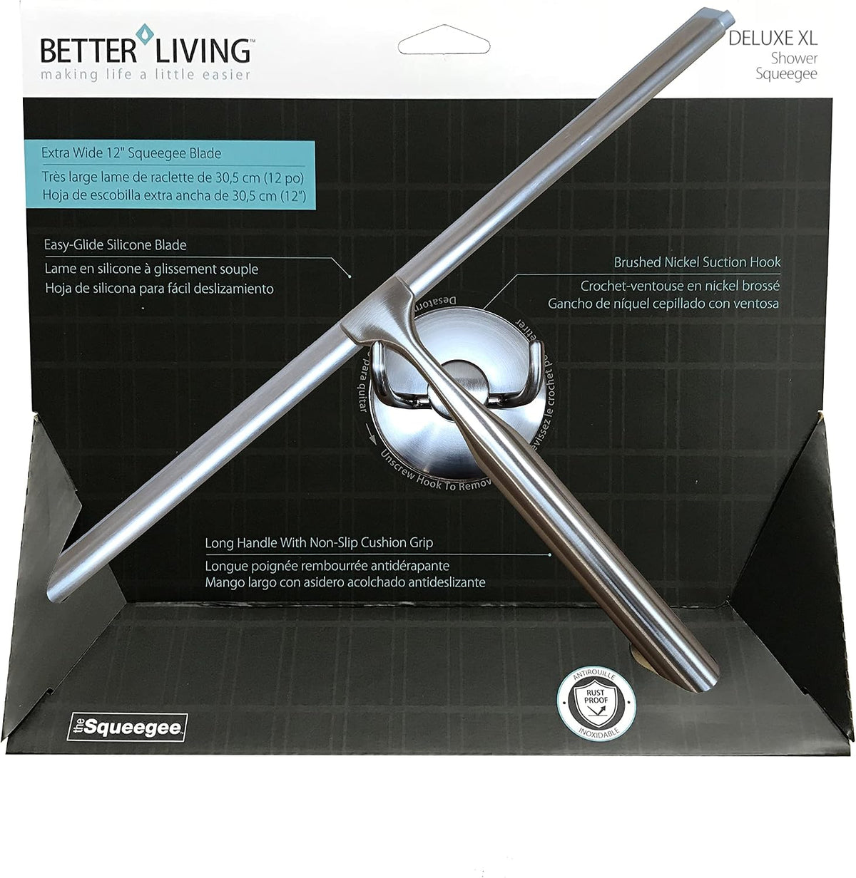 Better Living Deluxe XL Shower Squeegee, 12” Blade, Brushed Nickel