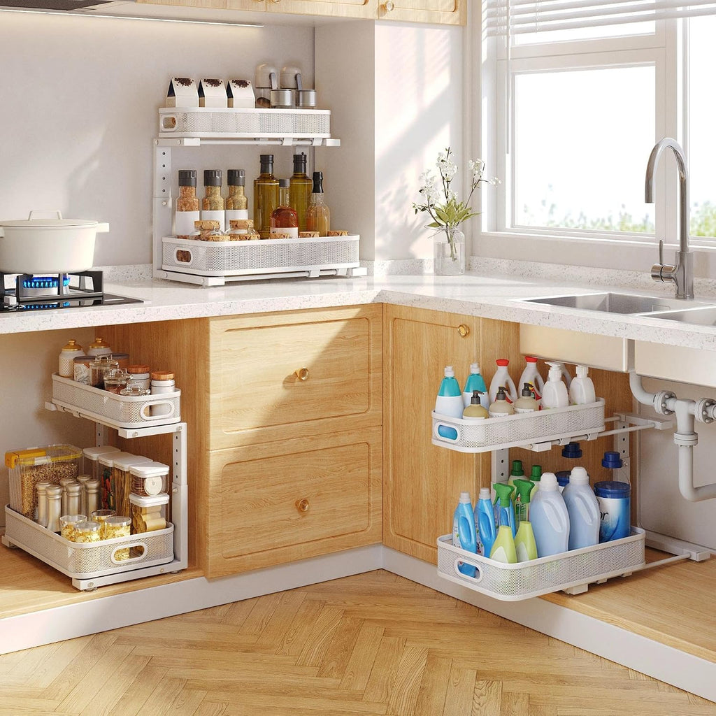 2 Pack Under Sink Organizer With Smooth Cylindrical Rail,2-Tier Pull Out Multi-Purpose Cabinet Storage for Bathroom&Kitchen,Height Adjustable,Rust-resistant Coating-White