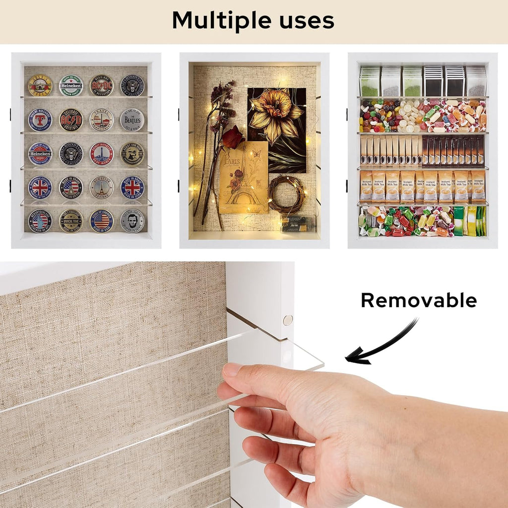 12x16 Shadow Box Display Cases with 4 Removable Clear Shelves, White