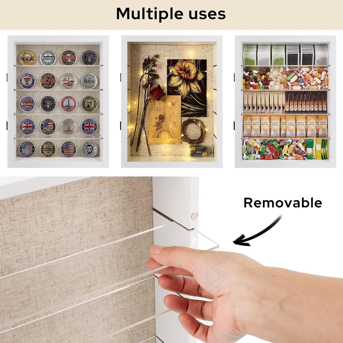 12x16 Shadow Box Display Cases with 4 Removable Clear Shelves, White