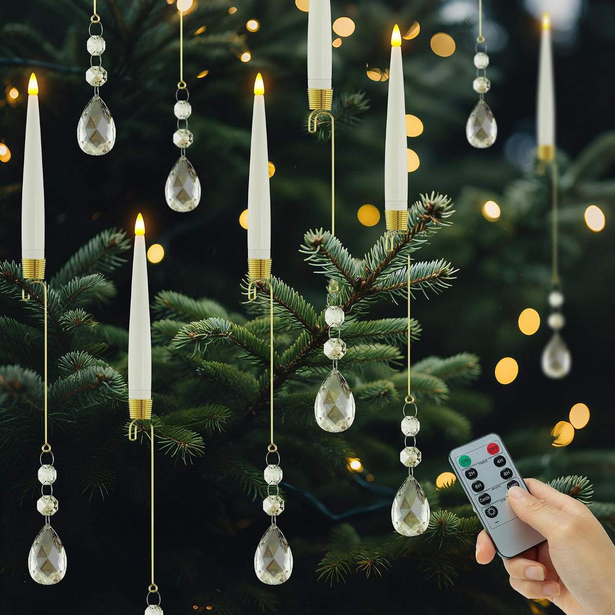 Christmas Tree Candles Battery Operated with Remote, Clip on Candles with Clear Waterdrop Ornaments & Hooks for XMAS Tree, Flickering LED Candlesticks for Winter New Year Home Party Decor, 10 Pcs
