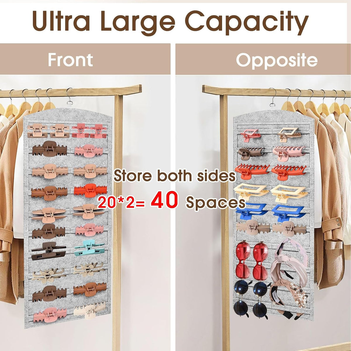 OAOLEER Double-Sided Hair Clip Organizer Storage for Girls Women, Hanging Claw Clip Holder Display for Closet, Wall, Door Room Jewelry Shop (Gray)