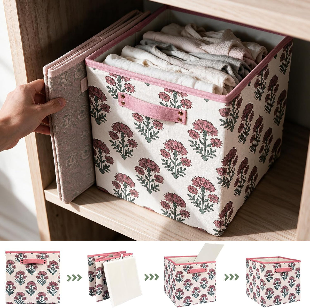 6 Pcs Fabric Floral Cube Storage Bins 11 Inch Flower Storage Basket with Handle, Linen Collapsible Fabric Box for Classroom Bedrooms Office Home Decoration (Pink indian flowers)