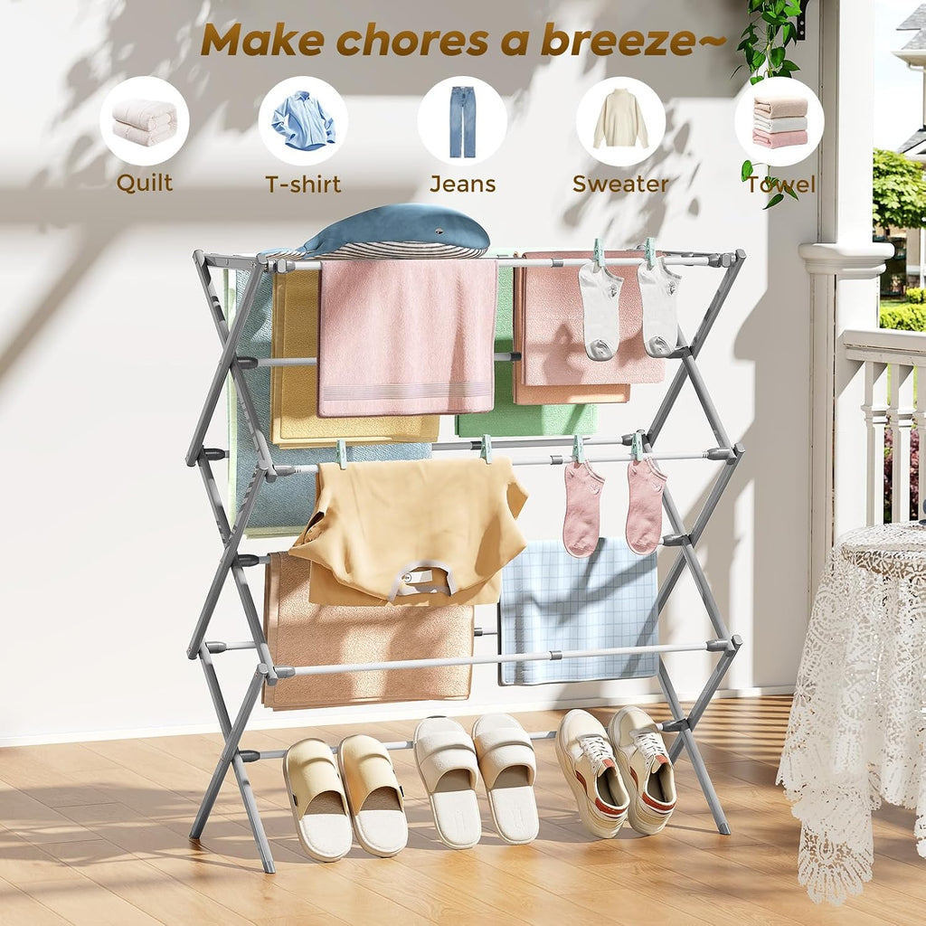 KINGBOARD Clothes Drying Rack, 3-Tier Foldable Extendable, White & Grey