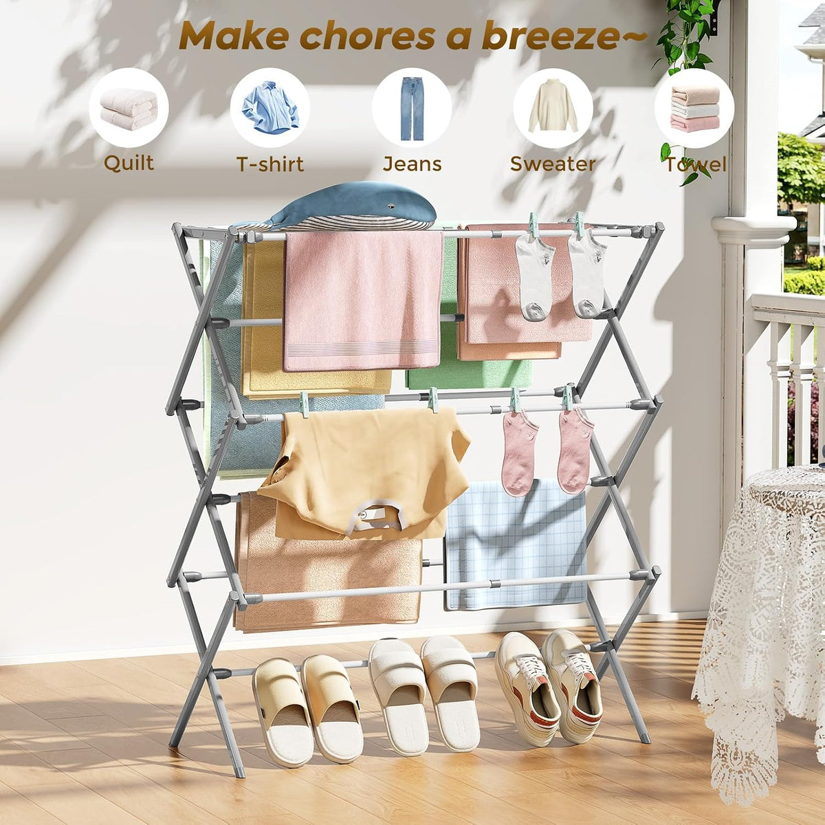 KINGBOARD Clothes Drying Rack, 3-Tier Foldable Extendable, White & Grey