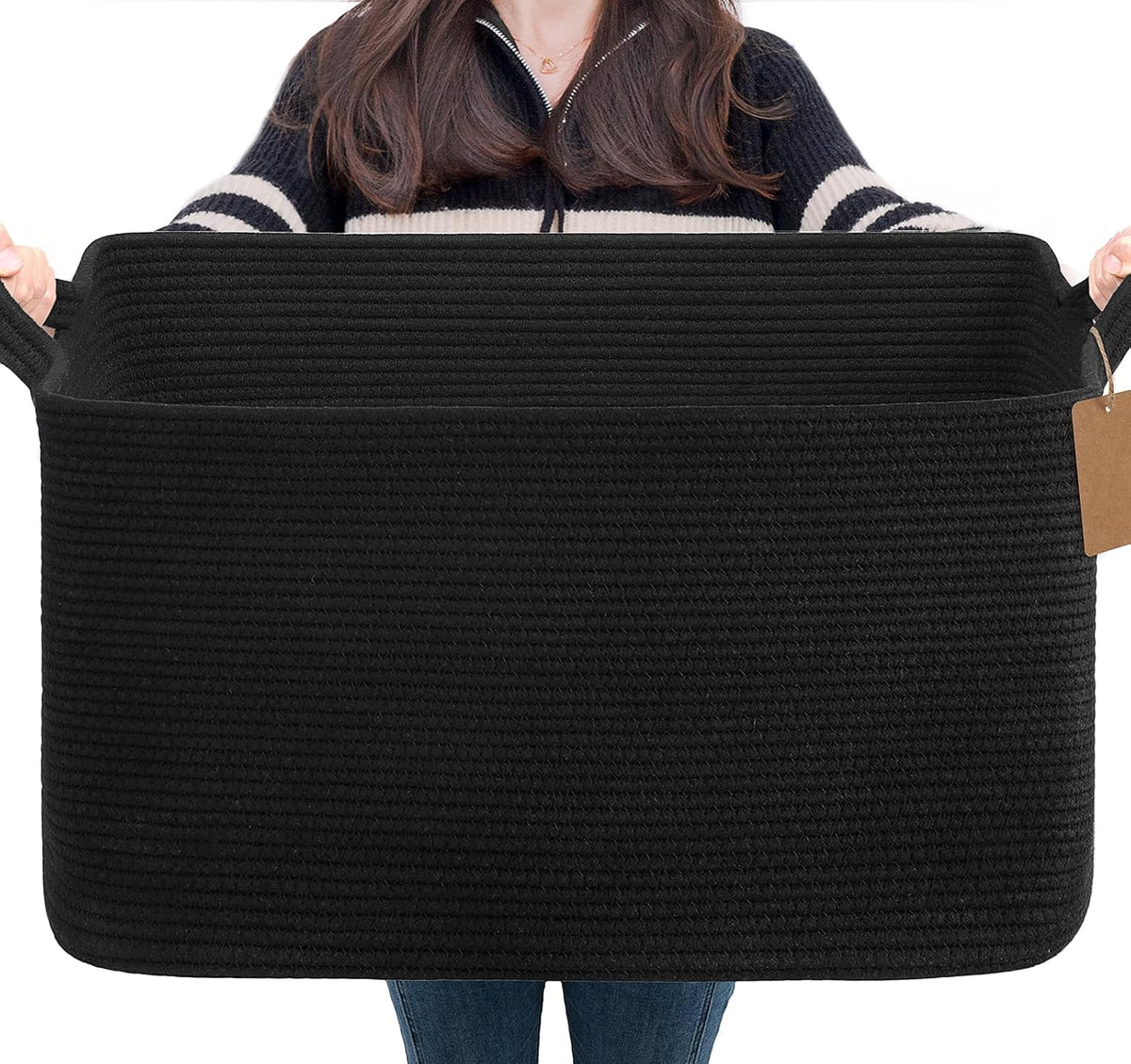 Goodpick 75L Extra Large Woven Rope Blanket Basket, Rectangle, Black