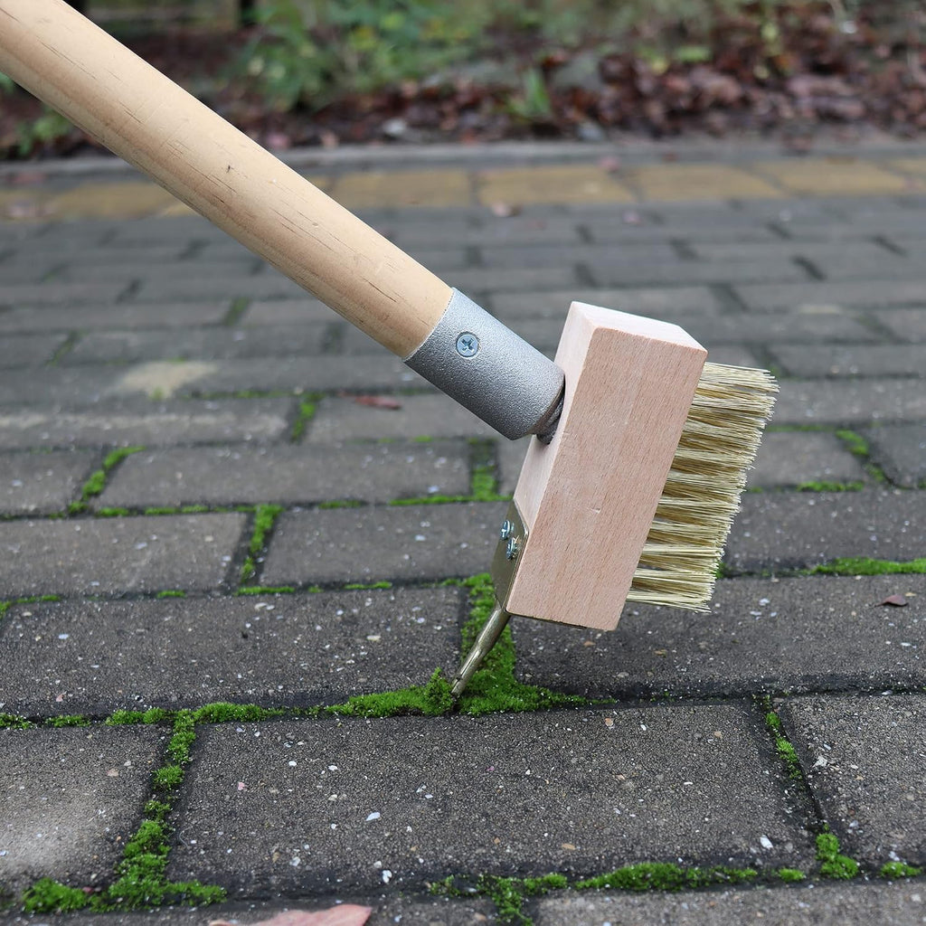 SCRUBIT Moss & Weed Remover Wired Grout Cleaner Brush, Great for Cleaning Decks, Pavers, Patios & Walkways Weed Scraper & Wire Brush Set, Combo w/2 Brush Heads & Scraping Hook - Grout Remover Tool