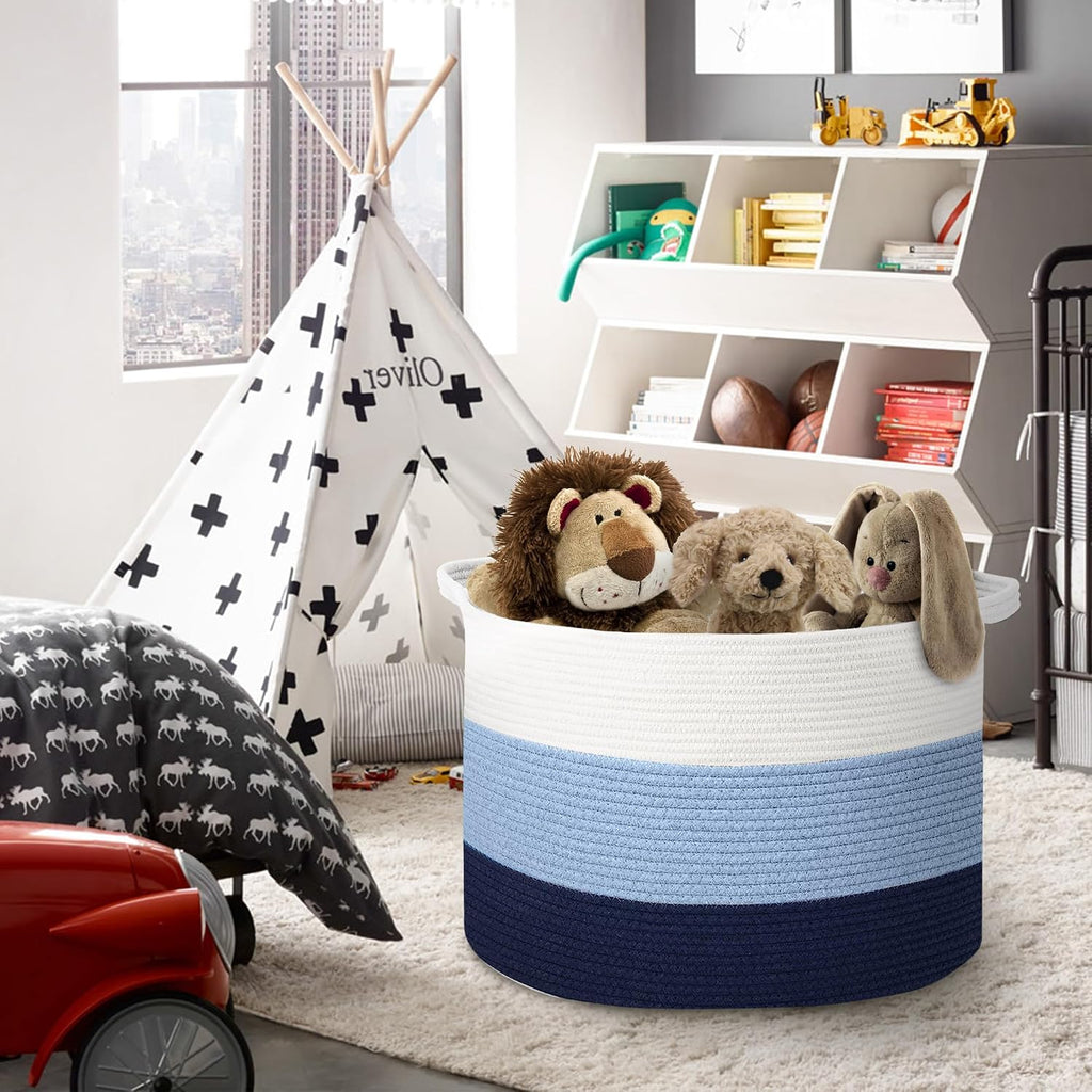 MEGASKET Large Kids Toy Basket, 22" x 14" Soft Woven Cotton Rope Basket, Toy Storage Bin for Kids, Big Baby Nursery Organization, Floor Stuffed Animal Storage, Blanket Pillow Holder for Living Room