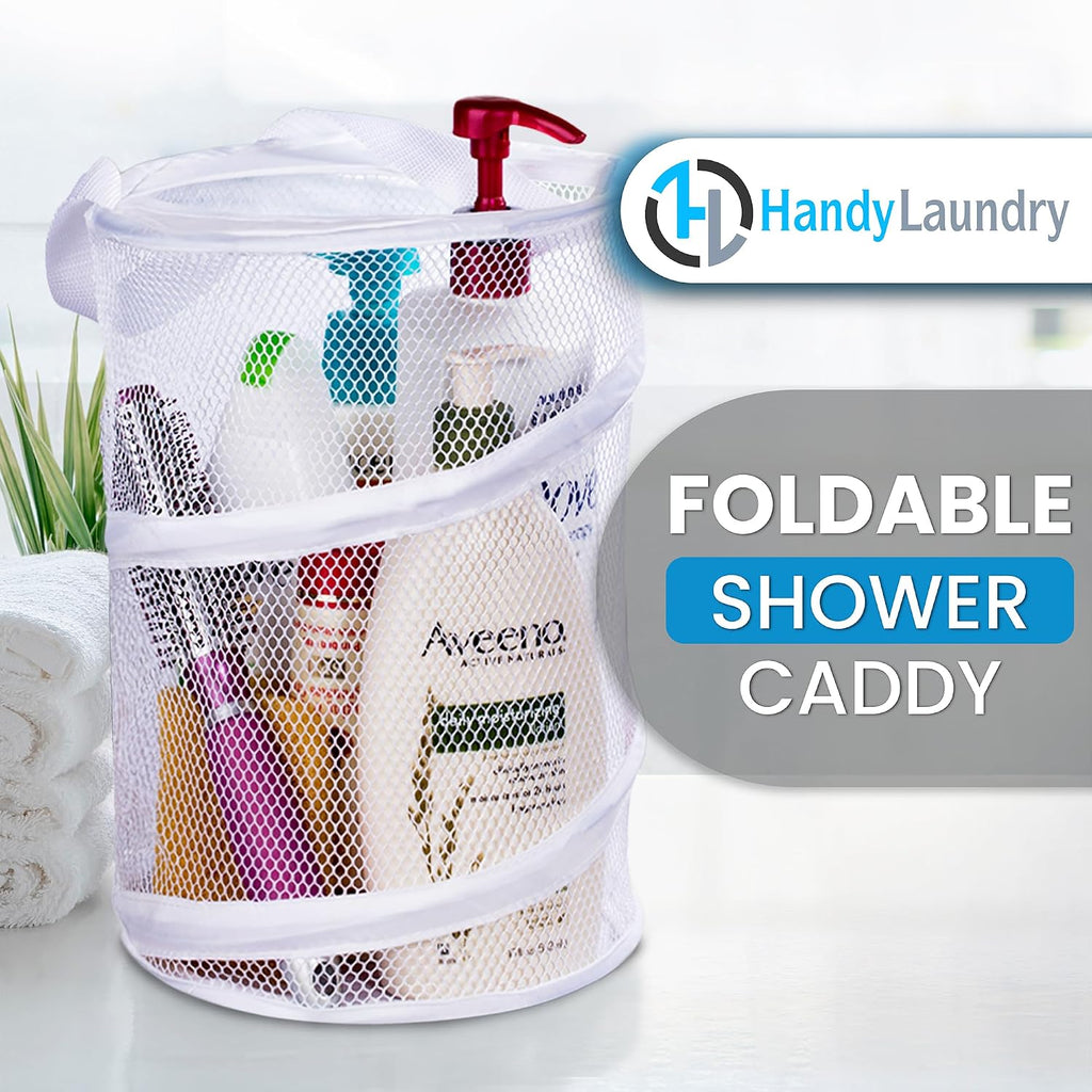 Handy Laundry Portable Shower Caddy – Foldable Mesh Organizer with Handle, Quick Dry, Large Compartments, Drainage Hole, Ideal for Dorm, College, Gym, Travel, Camp – White