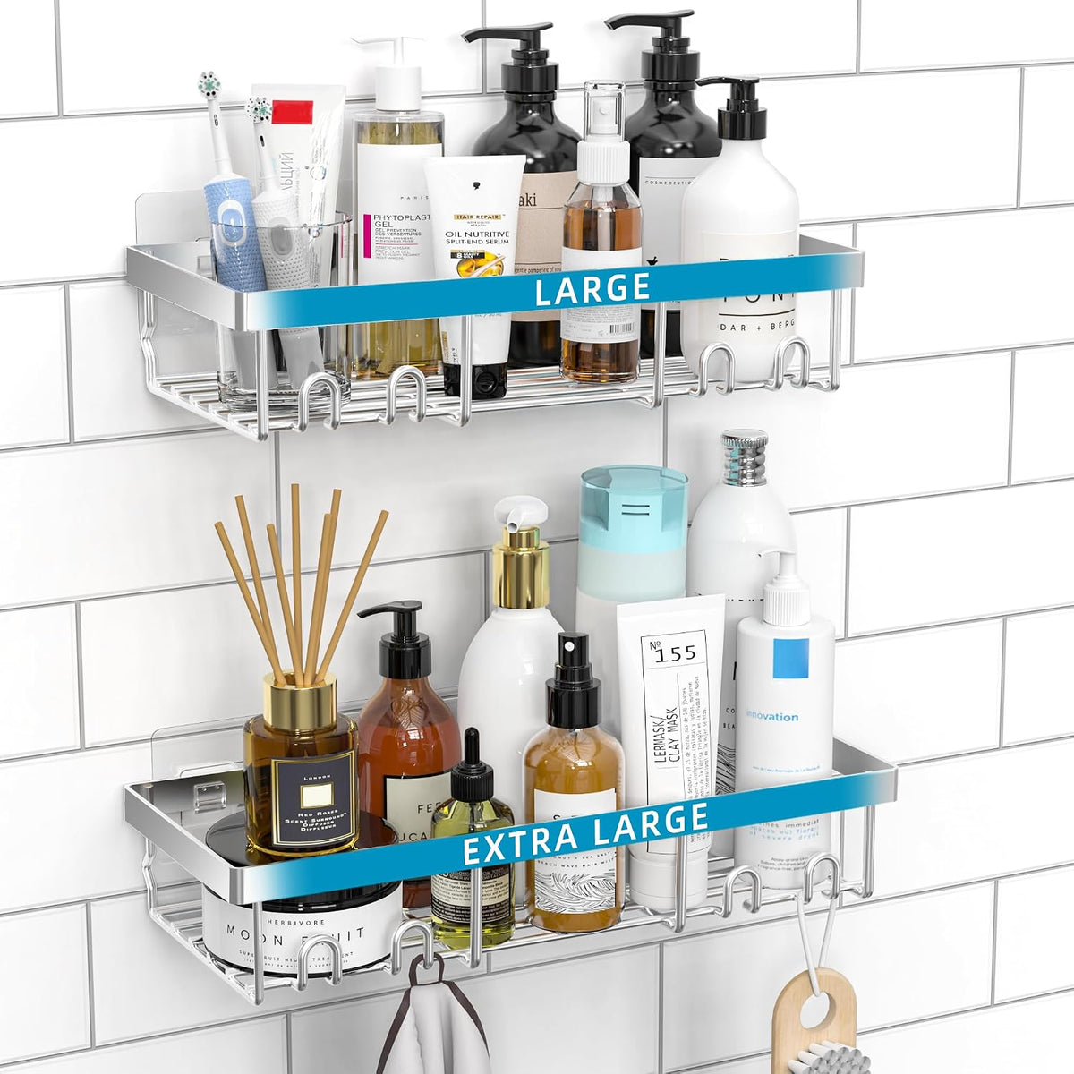 Moforoco Large Silver Shower Caddy Shelf Organizer Rack, Self Adhesive Bathroom Shelves Basket, Home Farmhouse Wall Inside Organization and Storage Decor Rv Accessories
