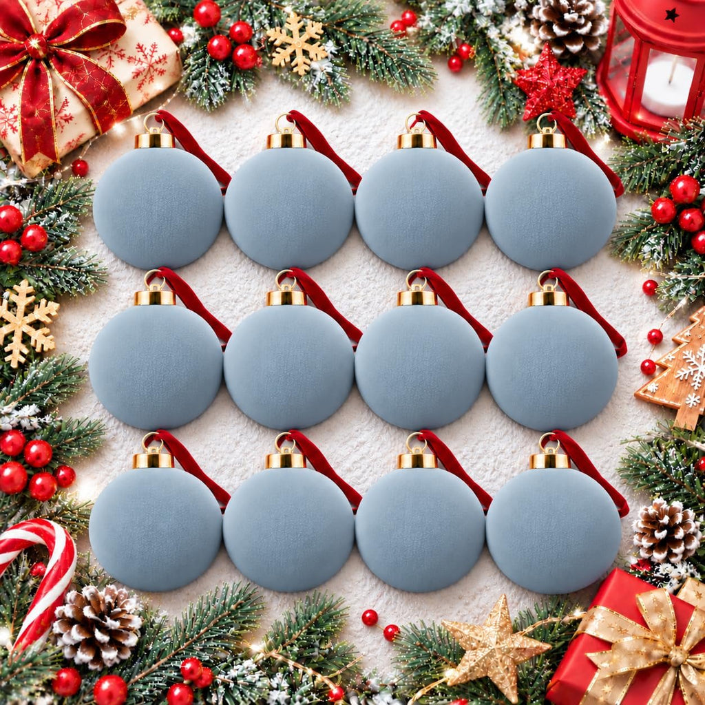 Light Blue Flocked Christmas Ball Ornaments 12 Pcs, 3.15 Inch Velvet Xmas Tree Balls Shatterproof Bulk, Velvet Christmas Ornaments Set for Xmas Tree Holiday Wedding Party Decor