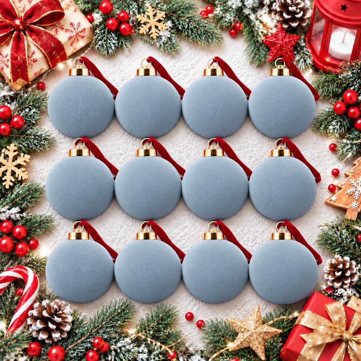 Light Blue Flocked Christmas Ball Ornaments 12 Pcs, 3.15 Inch Velvet Xmas Tree Balls Shatterproof Bulk, Velvet Christmas Ornaments Set for Xmas Tree Holiday Wedding Party Decor