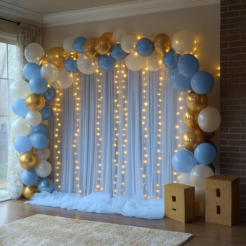 10x10ft Baby Blue Tulle Backdrop Curtain with Lights String Sheer Drapes for Baby Shower Decorations for Boy, Bridal Shower, Photo Booth, Birthday Party Decor(2 Panels)