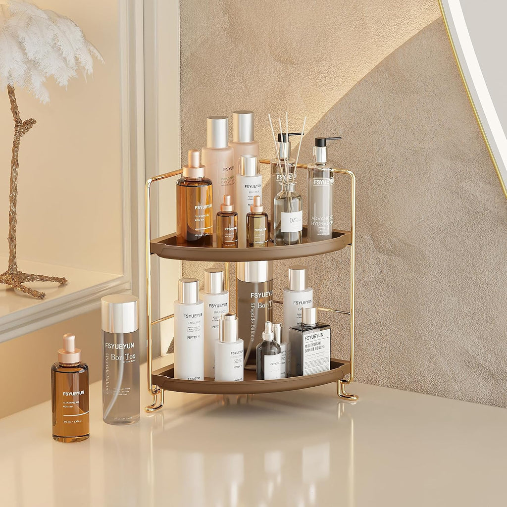 FSyueyun 2-Tier Corner Bathroom Counter Organizer, Gold & Brown