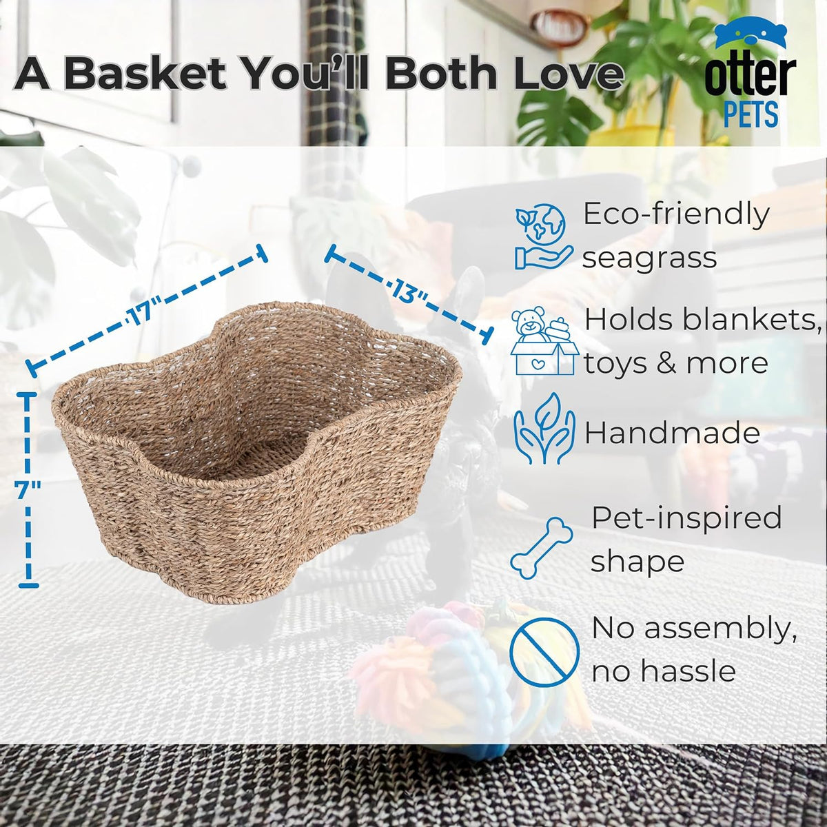 OtterPets Dog Toy Basket, Seagrass Bone Shaped Dog Toy Bin, 17x13”