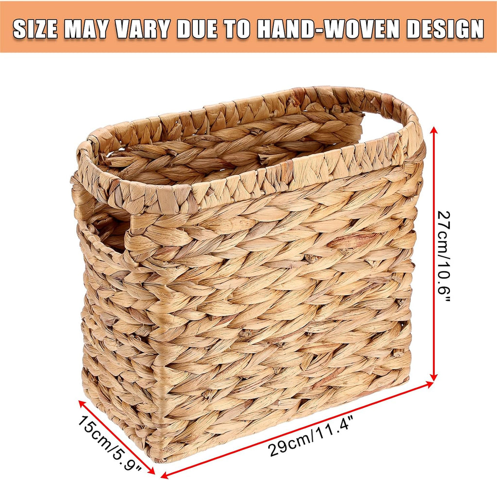 BTSKY Woven Magazine Holder, Water Hyacinth Magazine Basket, Natural Narrow Storage Basket Bin for Books & Files, Magazine Rack with Built-in-Handle for Home, Office & Desk - 11.4x5.9x10.6 Inch