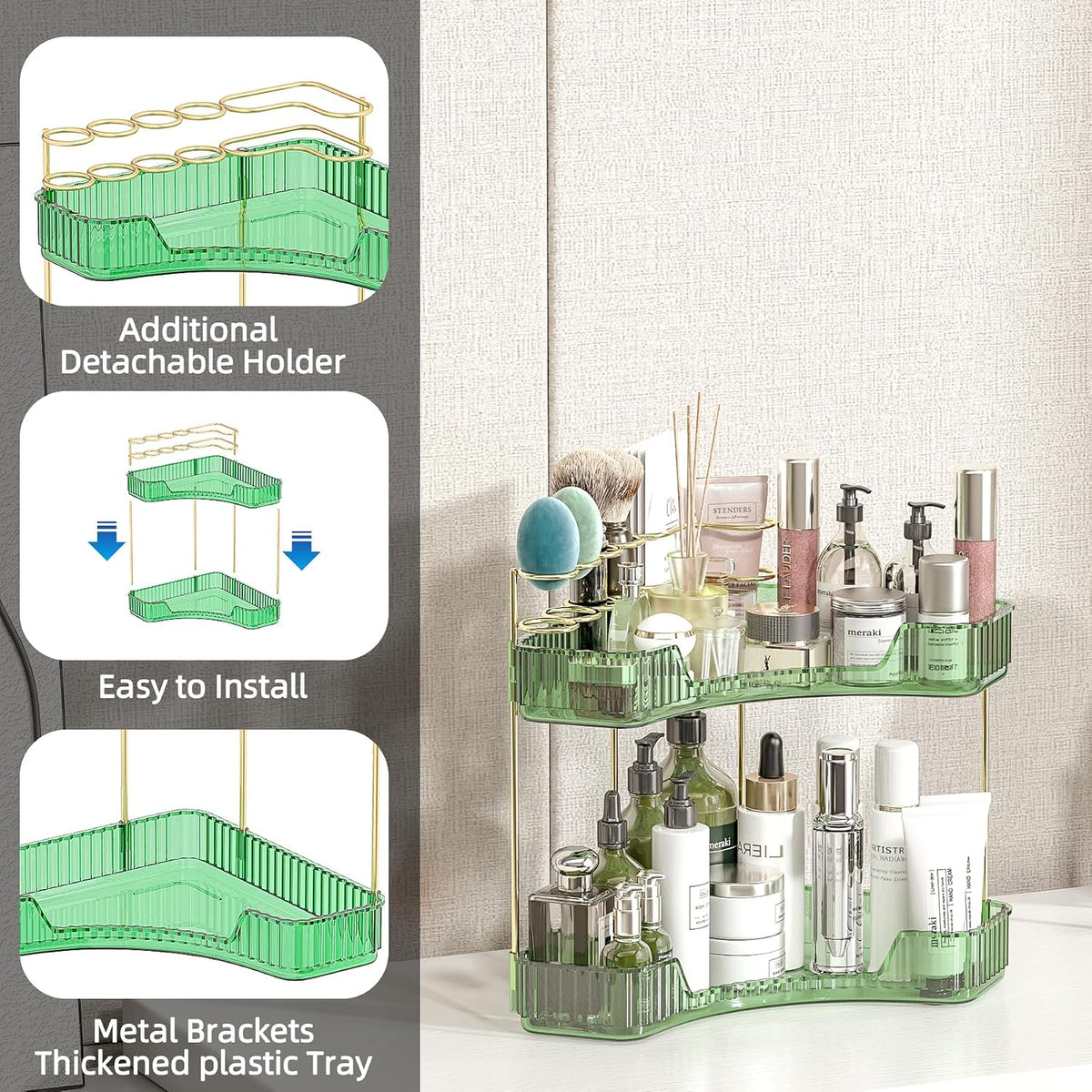 2 Tier Corner Bathroom Organizer Countertop, Vanity Makeup Organizer with Brush Holder, Space-Saving Skincare Storage Corner Shelf for Bathroom, Dressing Table, Kitchen