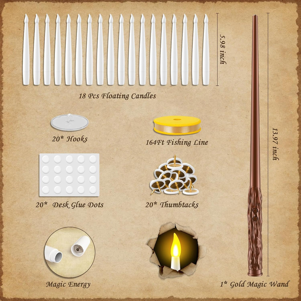 TLPUHU Halloween Floating Candles 18 Pcs - Magical Flameless Candles with Wand Flickering Warm Lights Ideal for Indoor Window Bedroom Halloween Cosplay Birthday Theme Party Decor