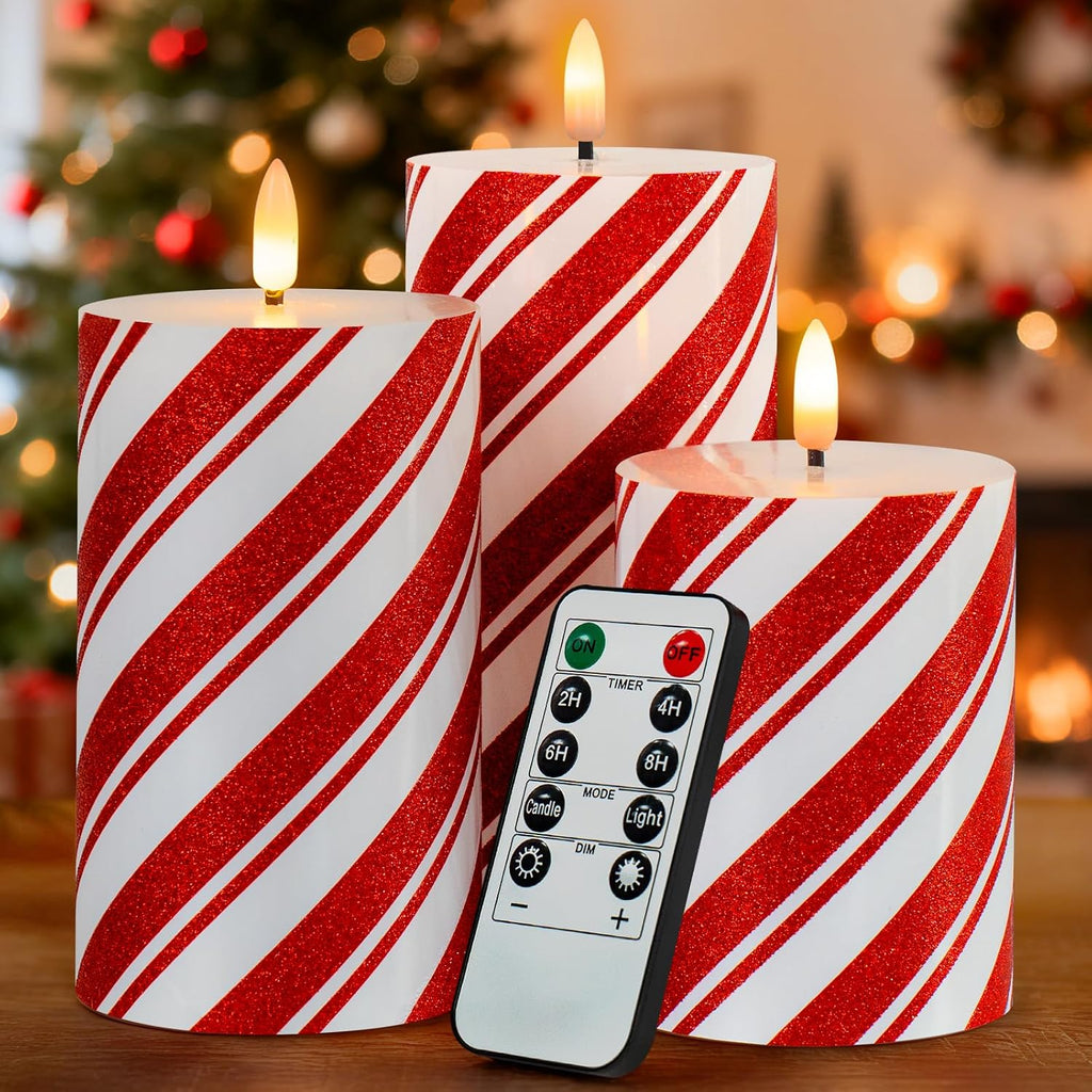 Glitter Red Stripe LED Flameless Candles, Battery Operated Pillar Lights with Remote Timer, Real Wax Electric Candles for Holiday Home Christmas Party Decor, Set of 3