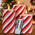 Glitter Red Stripe LED Flameless Candles, Battery Operated Pillar Lights with Remote Timer, Real Wax Electric Candles for Holiday Home Christmas Party Decor, Set of 3
